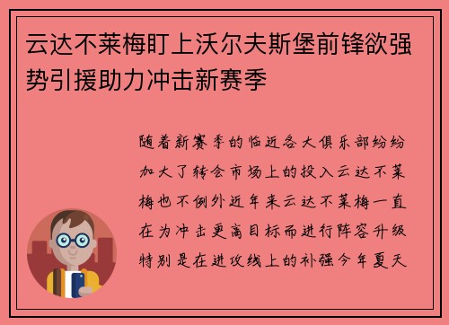 云达不莱梅盯上沃尔夫斯堡前锋欲强势引援助力冲击新赛季