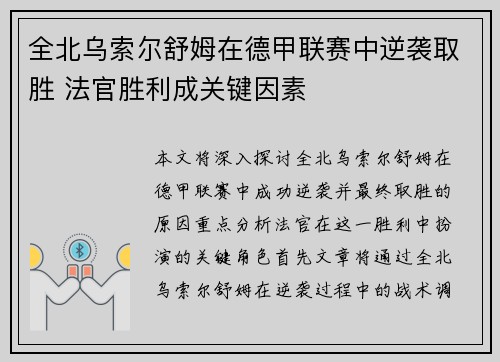 全北乌索尔舒姆在德甲联赛中逆袭取胜 法官胜利成关键因素