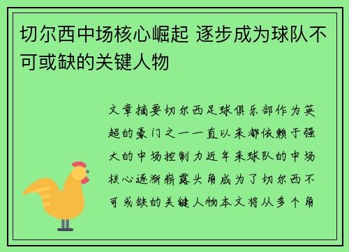 切尔西中场核心崛起 逐步成为球队不可或缺的关键人物