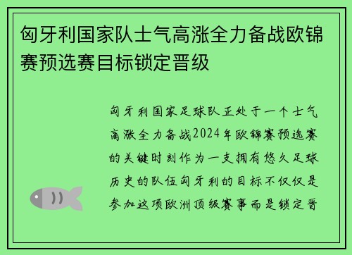 匈牙利国家队士气高涨全力备战欧锦赛预选赛目标锁定晋级